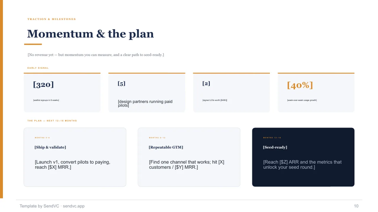 First Check — Pre-Seed Pitch Deck Template — slide 10
