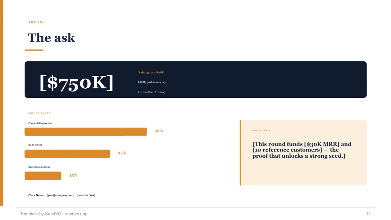 First Check — Pre-Seed Pitch Deck Template — slide 11