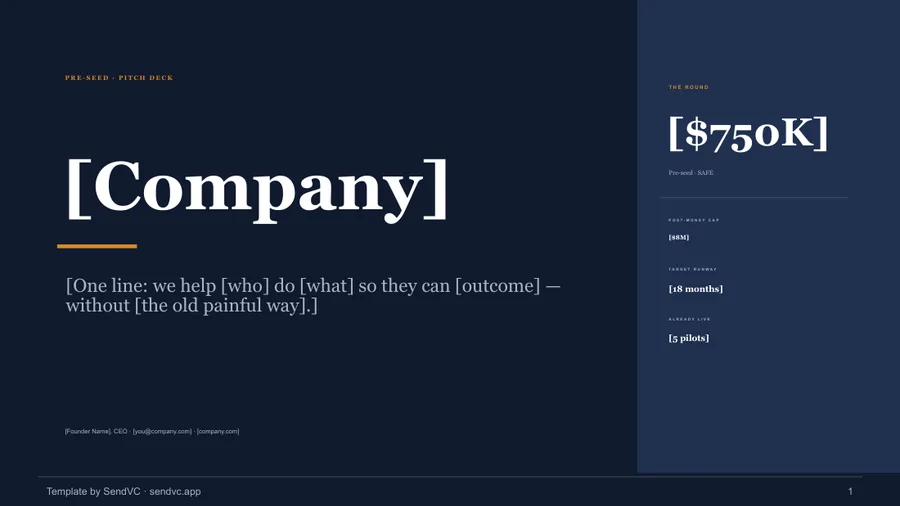 First Check — Pre-Seed Pitch Deck Template — cover slide preview